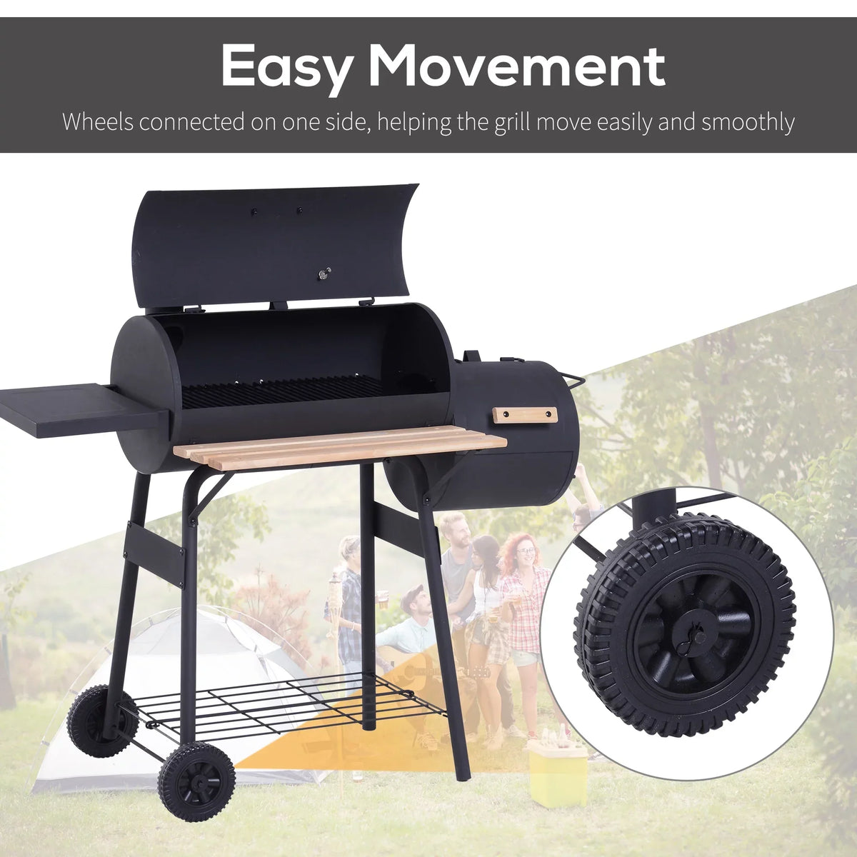 Outsunny Portable Charcoal BBQ Grill And Offset Smoker Combo, 48.75in x 20.75in x 41in - Black