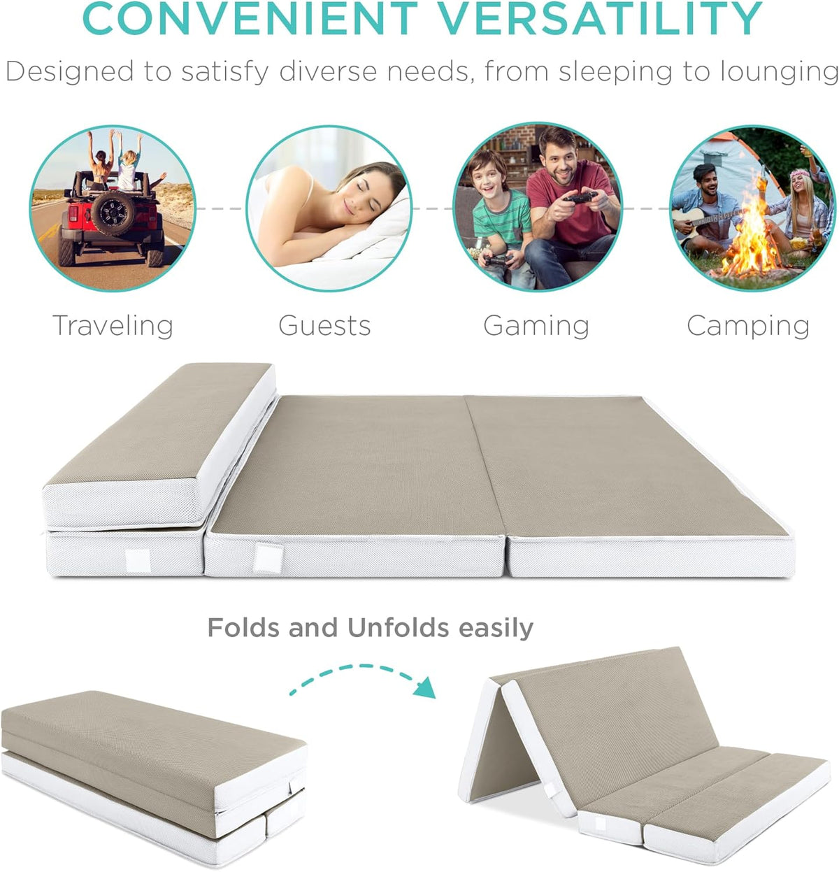 Best Choice Products Queen-Size 4in Tri-Fold Foam Mattress With Carry Case - Grey