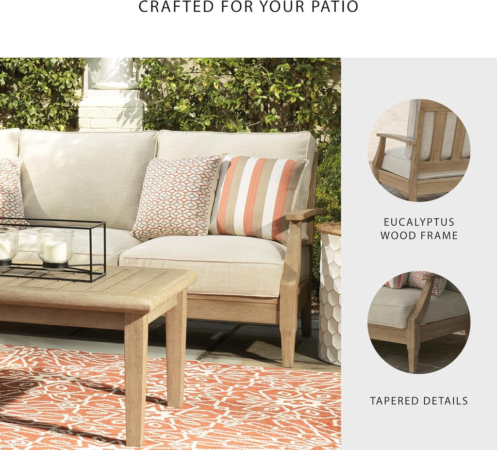 Signature Design by Ashley Clare View Outdoor Patio Eucalyptus Sofa With Cushions, Beige