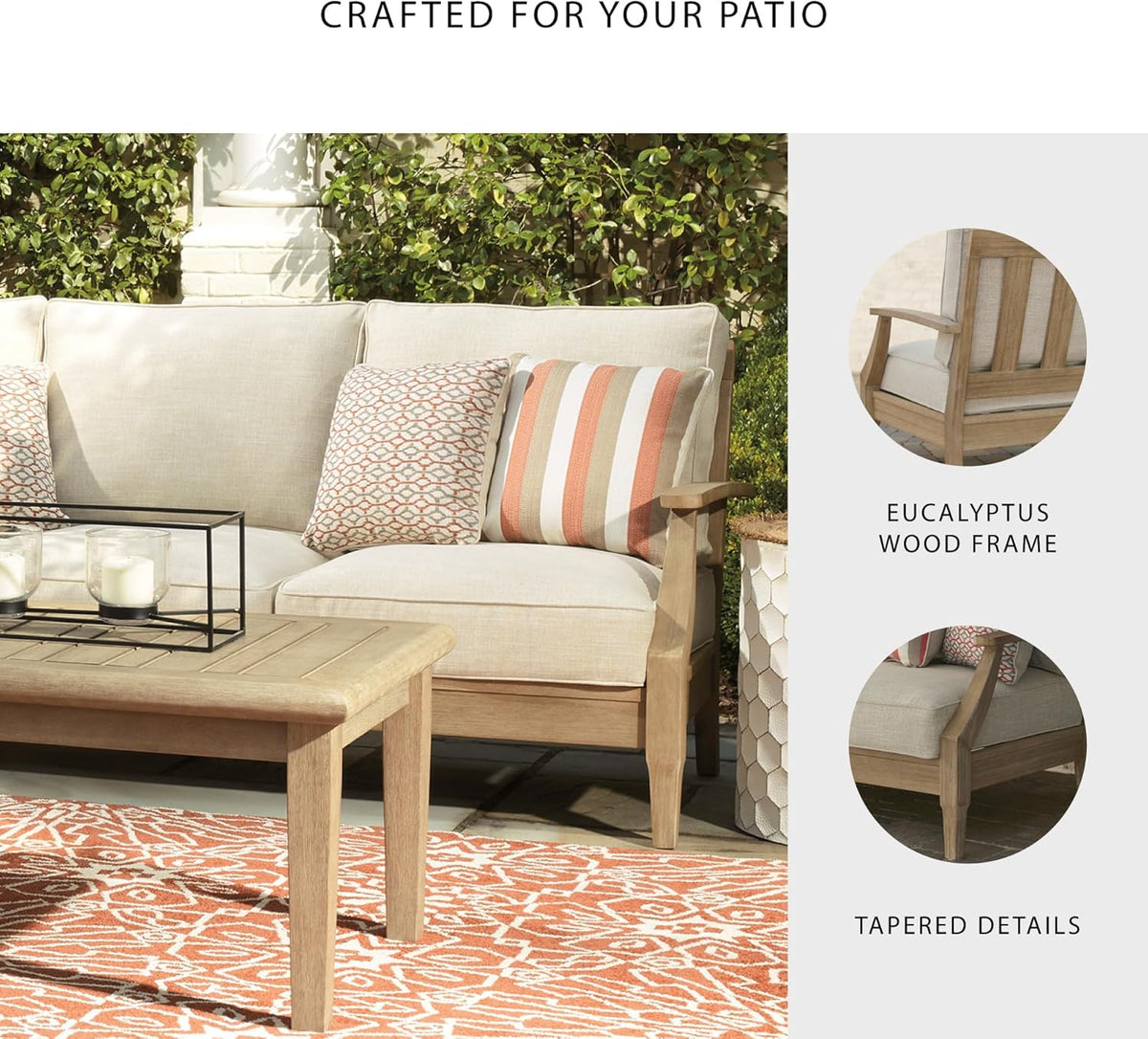 Signature Design by Ashley Clare View Outdoor Patio Eucalyptus Sofa With Cushions, Beige