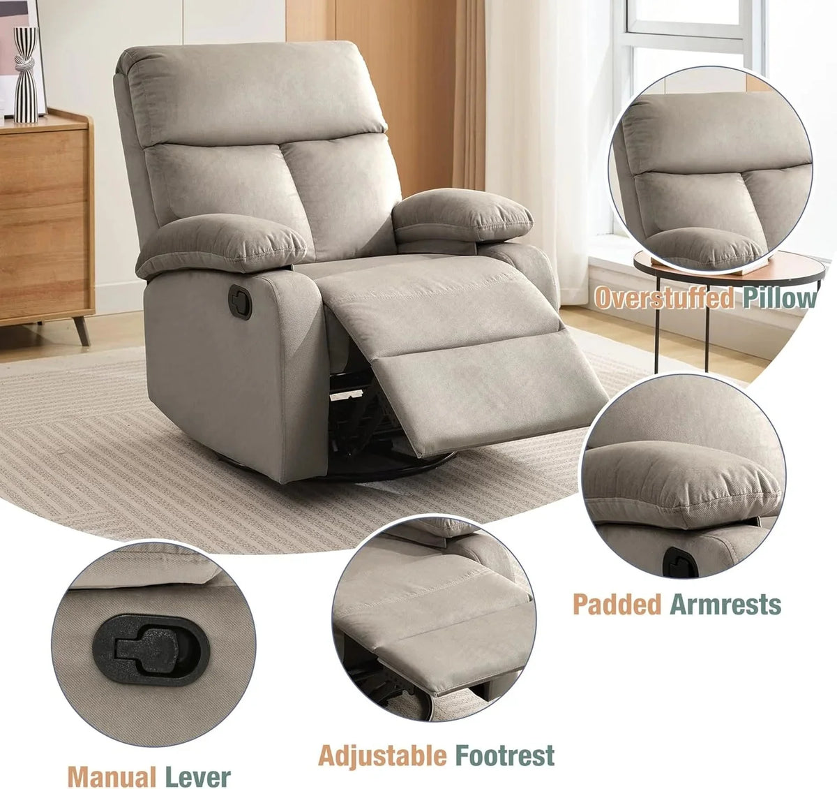Swivel Rocker Recliner Chair For Compact Spaces - 32in D x 30.2in W x 38.9in H