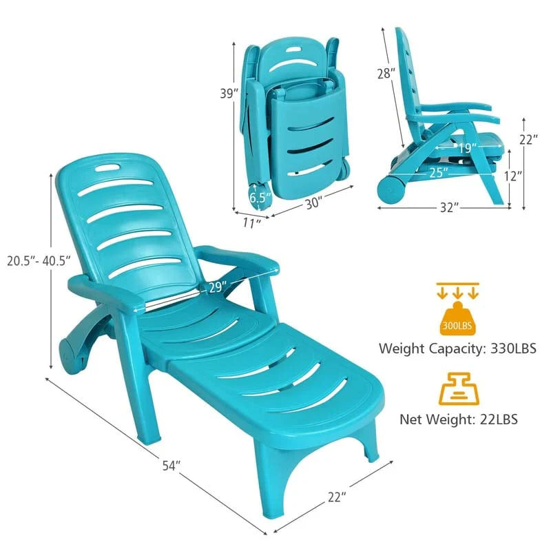 Rolling Folding Plastic Pool Lounge Chair With Armrests, 5 Position - Patio Deck Beach Chair