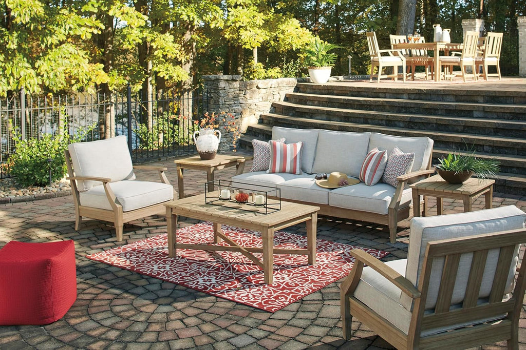 Signature Design by Ashley Clare View Outdoor Patio Eucalyptus Sofa With Cushions, Beige