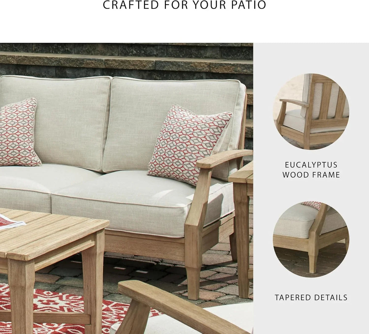 Signature Design by Ashley Clare View Outdoor Patio Eucalyptus Sofa With Cushions, Beige