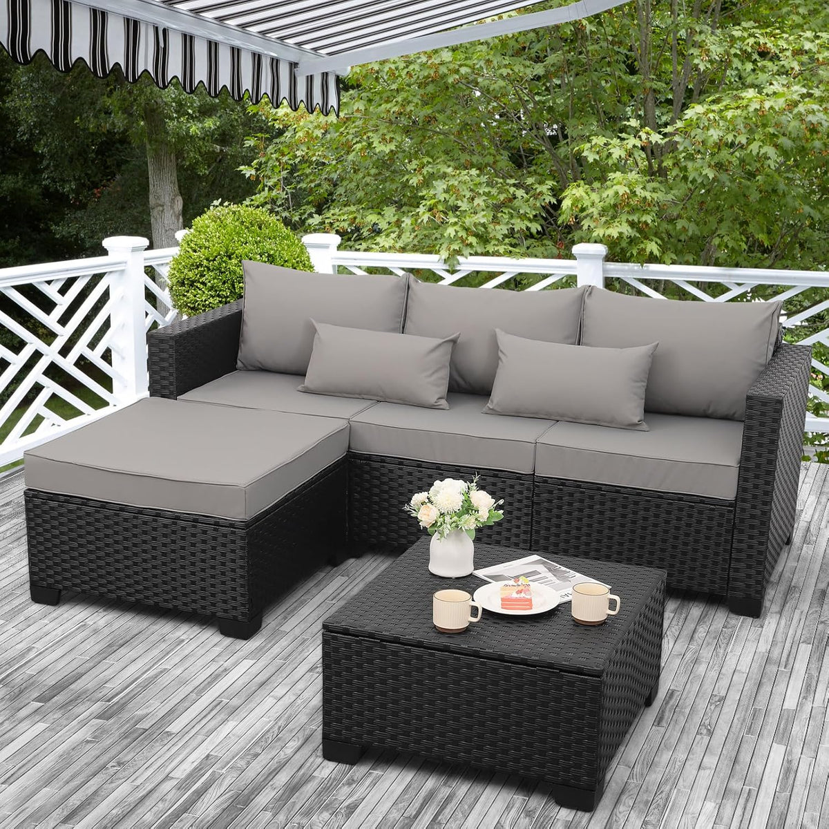 3-Piece Outdoor Sectional Wicker Patio Furniture Set With Ottoman And Storage Table - Light Grey
