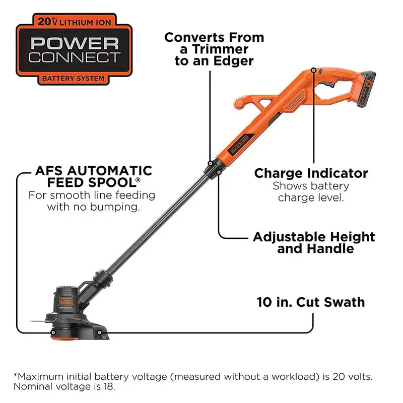 BLACK+DECKER 20V MAX Cordless 10-Inch Trimmer/Edger Kit With AFS And Adjustable Height - LST200