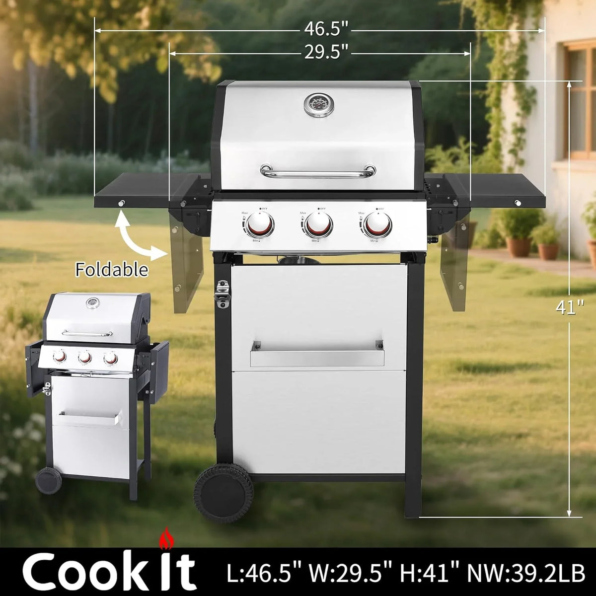 3-Burner Propane Gas Grill With 30,000 BTU Output - Double-Layer Stainless Steel Grill Lid