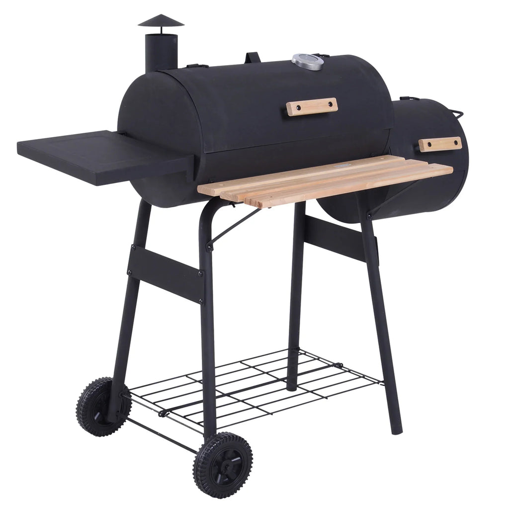 Outsunny Portable Charcoal BBQ Grill And Offset Smoker Combo, 48.75in x 20.75in x 41in - Black