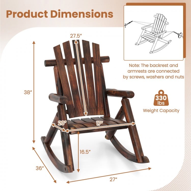 Outdoor Adirondack Rocking Chair For Adults, Solid Fir Wood And Pine Wood, Brown/Natural