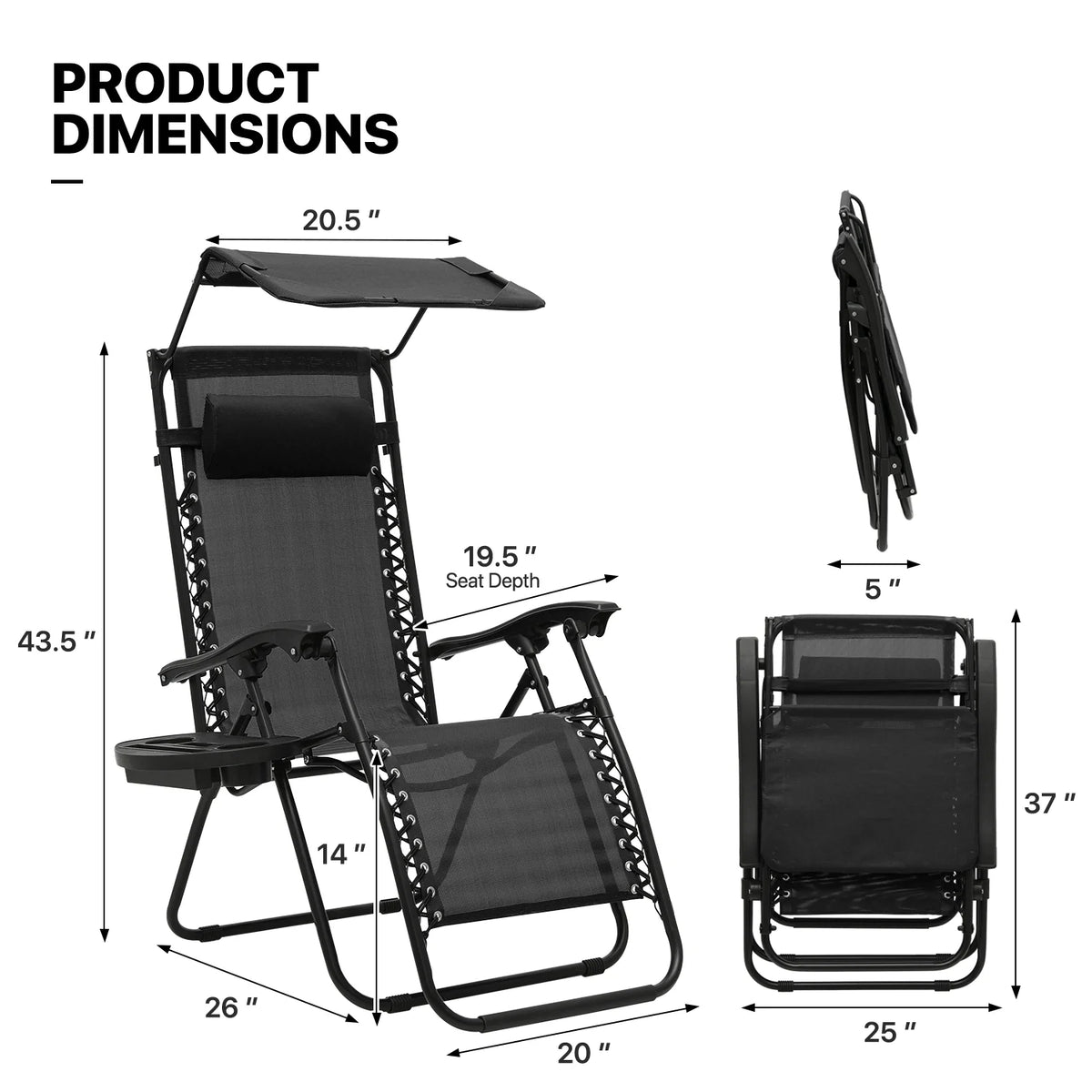 MoNiBloom Zero Gravity Reclining Chairs Set Of 2 With Canopy Shade And Headrest, Black - 330 lbs