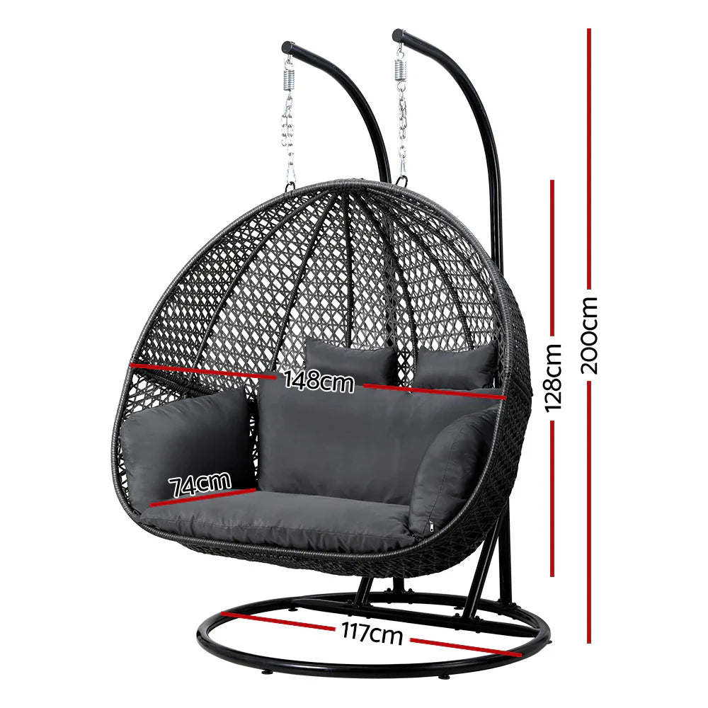 Gardeon Hanging Pod Chair With Stand And Cushion, 2 Seater, Grey
