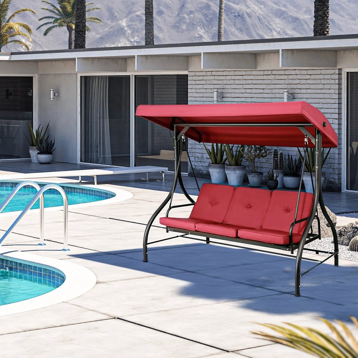 Arlopu 3-Person Outdoor Convertible Porch Swing Glider With Canopy