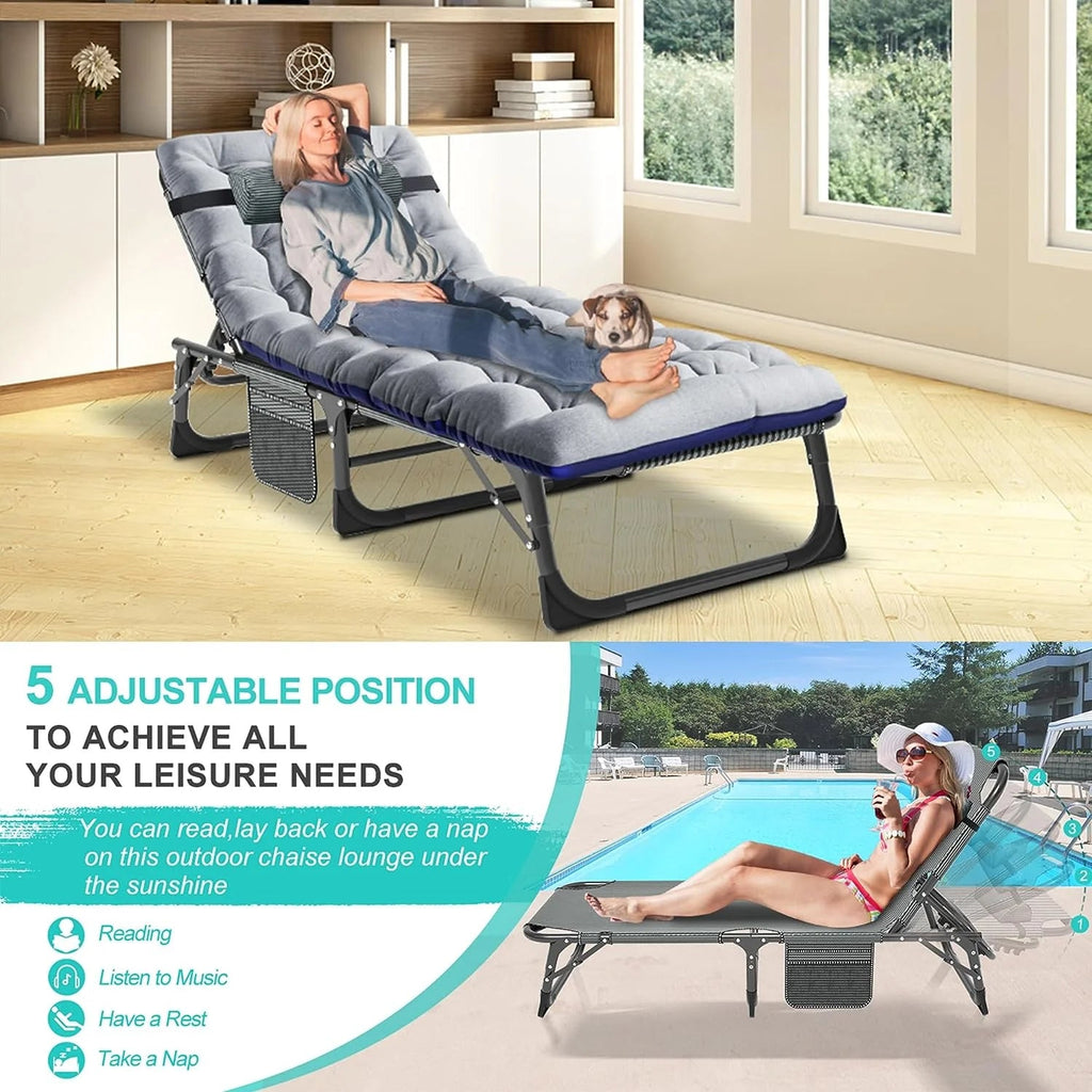 Slsy 5-Position Adjustable Folding Lounge Chair And Cot - 75.2" x 25.6" x 11.8"