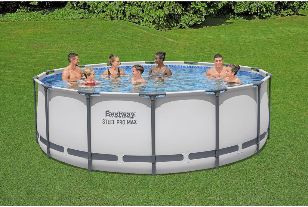 Steel Pro MAX 14 Foot x 48 Inch Round Steel Frame Above Ground Pool Set With 1,000 Filter Pump, Ladder And Cover - Gray