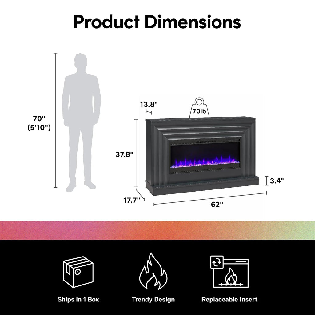 CosmoLiving by Cosmopolitan Electric Fireplace Mantel TV Stand, Black, 65 in, 42 in Insert - Rene