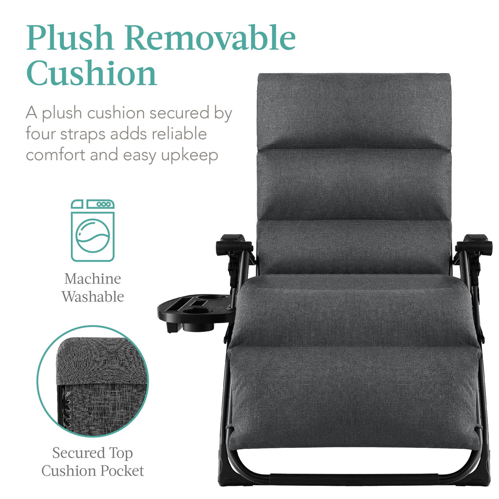 Best Choice Products Oversized Zero Gravity Folding Recliner With Removable Cushion And Side Tray - Fossil Gray