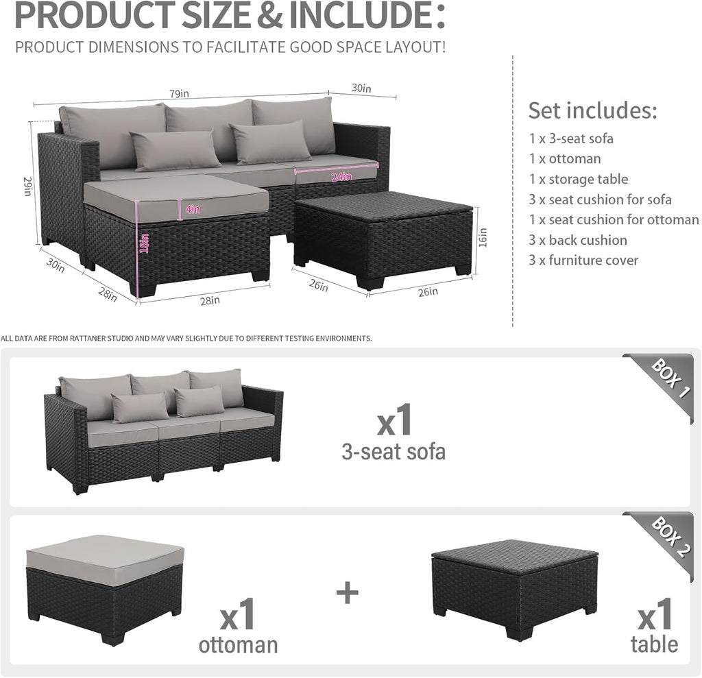 3-Piece Outdoor Sectional Wicker Patio Furniture Set With Ottoman And Storage Table - Light Grey