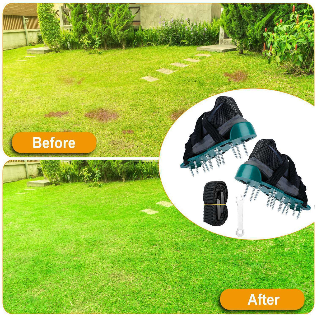 Lawn Grass Aerator Spike Shoes With Adjustable Straps, Green - 2 Pack