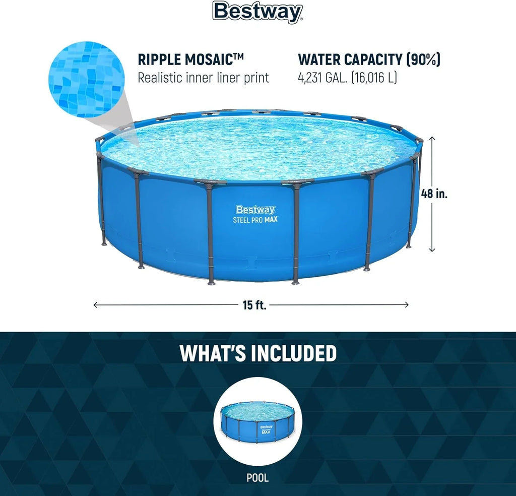 Steel Pro MAX 14 Foot x 48 Inch Round Steel Frame Above Ground Pool Set With 1,000 Filter Pump, Ladder And Cover - Gray
