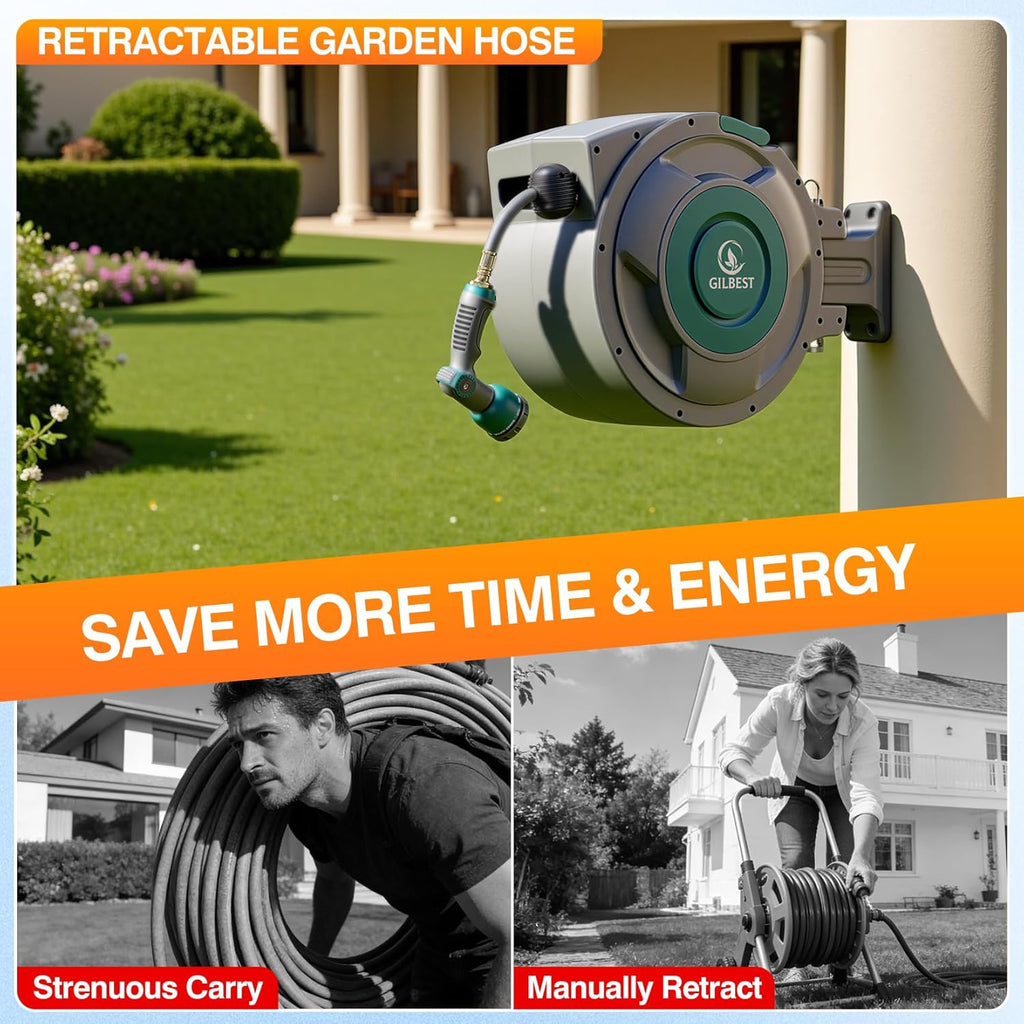GILBEST Retractable Garden Hose Reel, 100 ft x 5/8 in, Green, 10-Function Nozzle