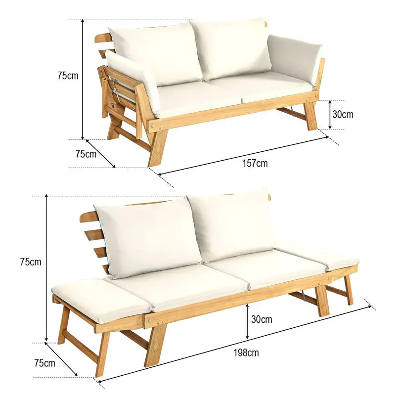Acacia Wood Outdoor Convertible Daybed With Adjustable Armrests