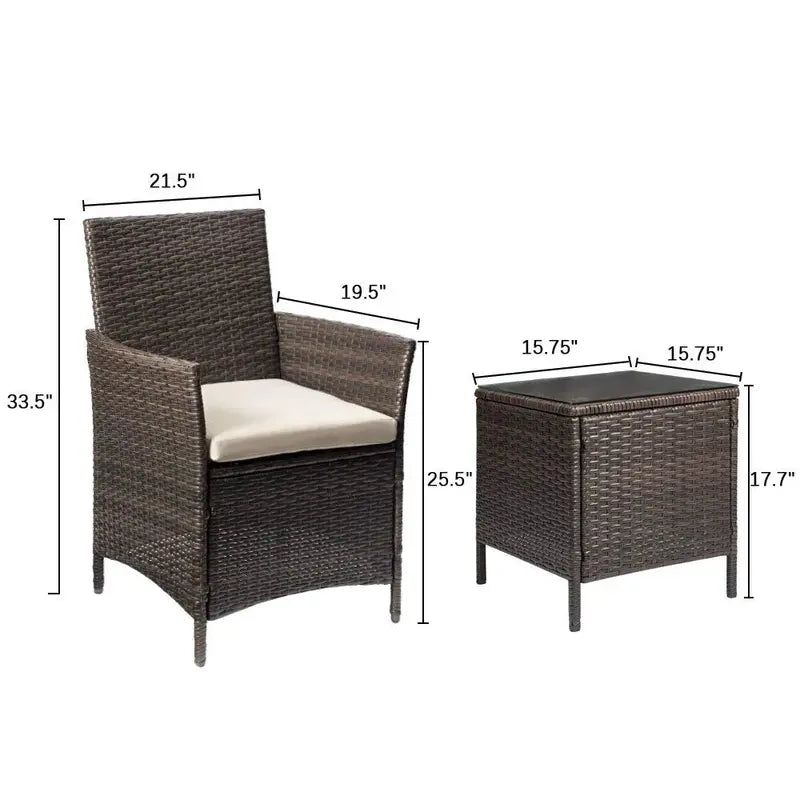 Devoko 3-Piece Brown PE Rattan Patio Furniture Set With 2 Chairs And Tea Table - 21.5 x 19.5 x 33.5 in Chairs, 15.75 x 15.75 x 17.75 in Table