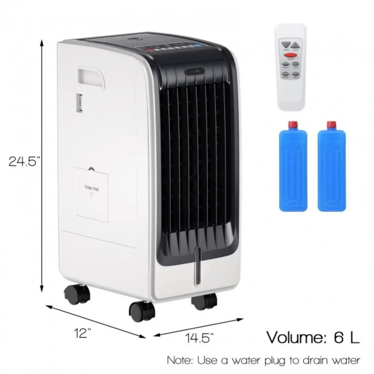 Portable Evaporative Cooling Fan, 6L, 3-Speed, 8H Timer, 110V, White