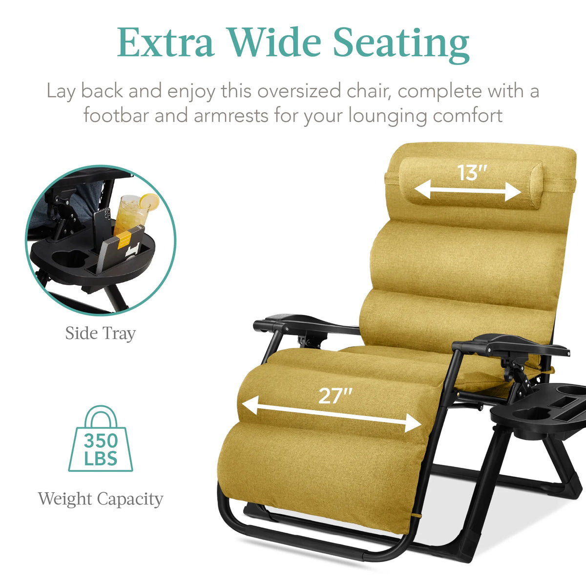 Best Choice Products Oversized Zero Gravity Folding Recliner With Removable Cushion And Side Tray - Fossil Gray