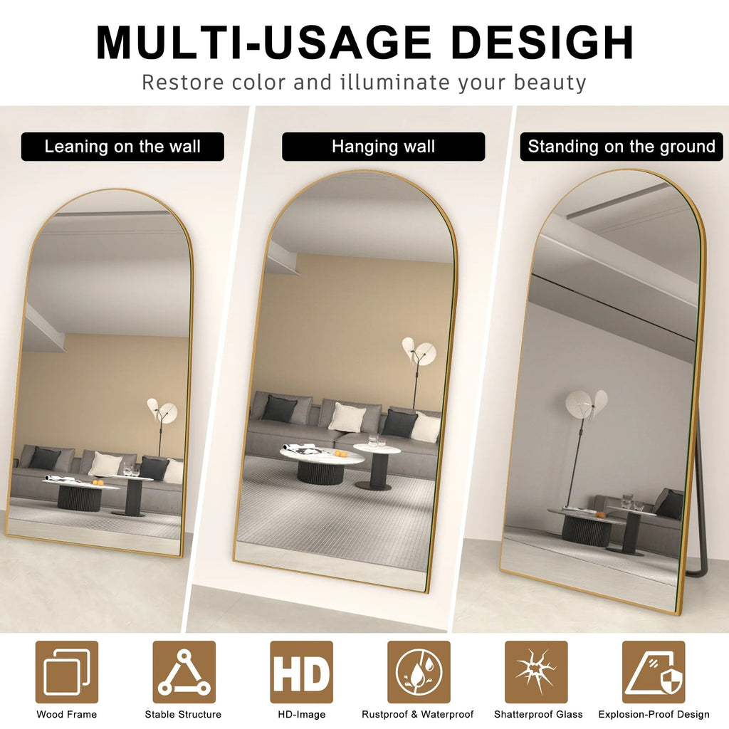 Arched Full-Length Wood Floor Mirror, Black Or Gold, 65x22/71x24/71x28/71x32