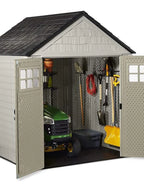 7x7 Ft Resin Outdoor Garden Storage Shed With Windows And Utility Hooks, Sand
