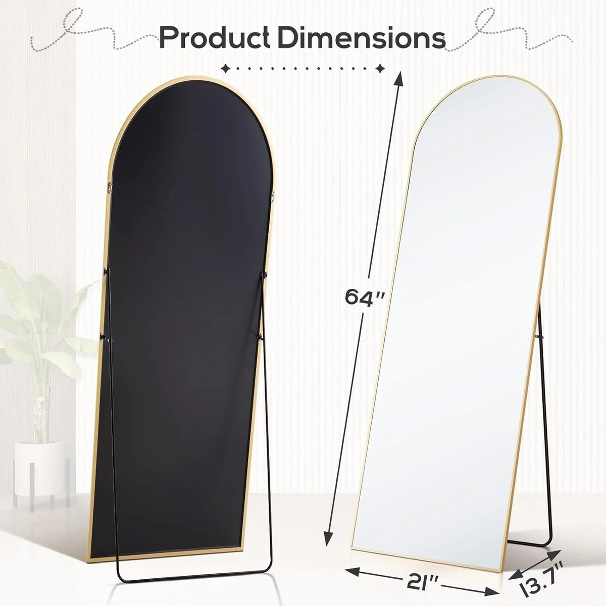 Full-Length Arched Floor Mirror, 64in H x 21in W, Aluminum Alloy Frame