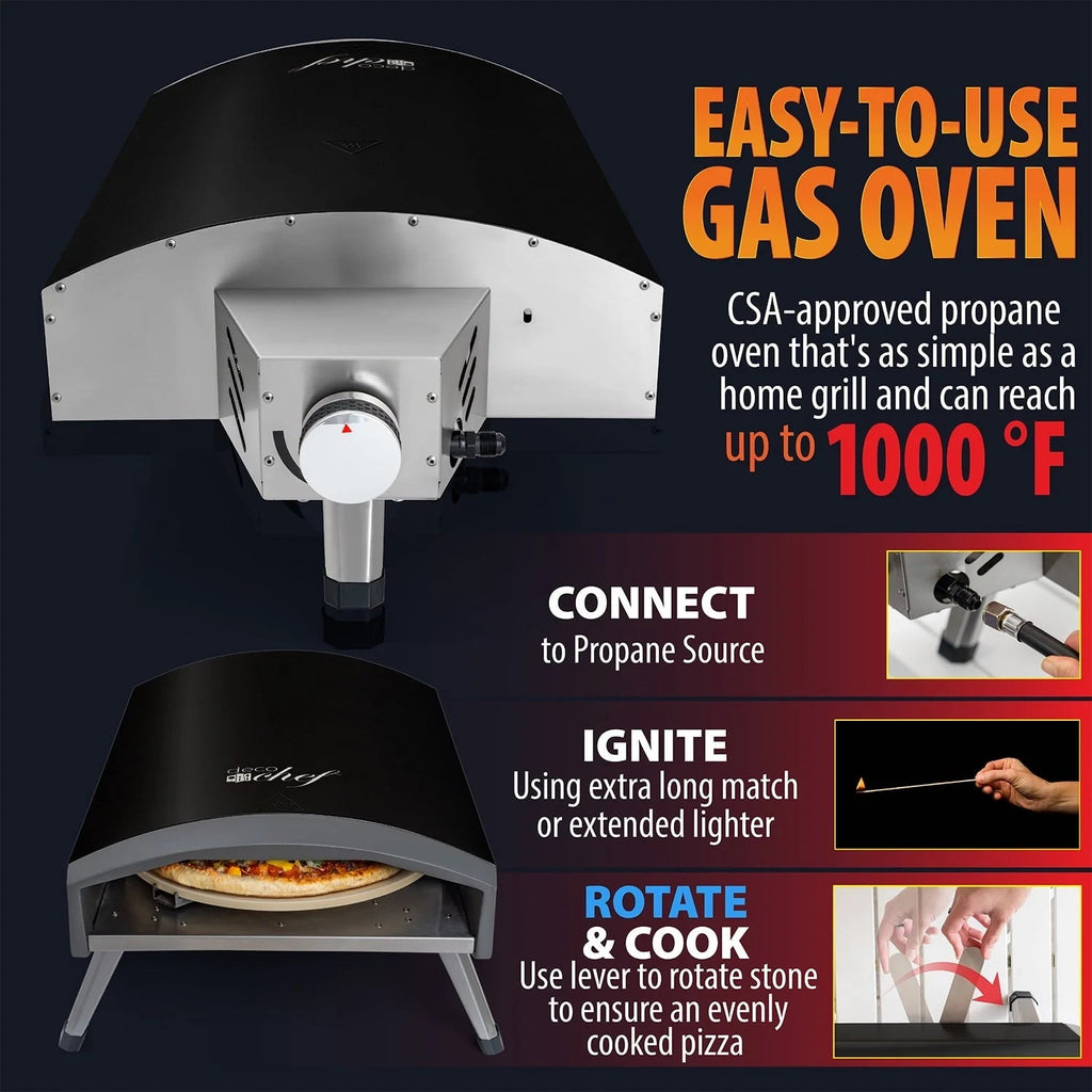 Deco Chef Outdoor Portable Gas Pizza Oven With 13in Rotating Baking Stone, Black - DGPRPO30