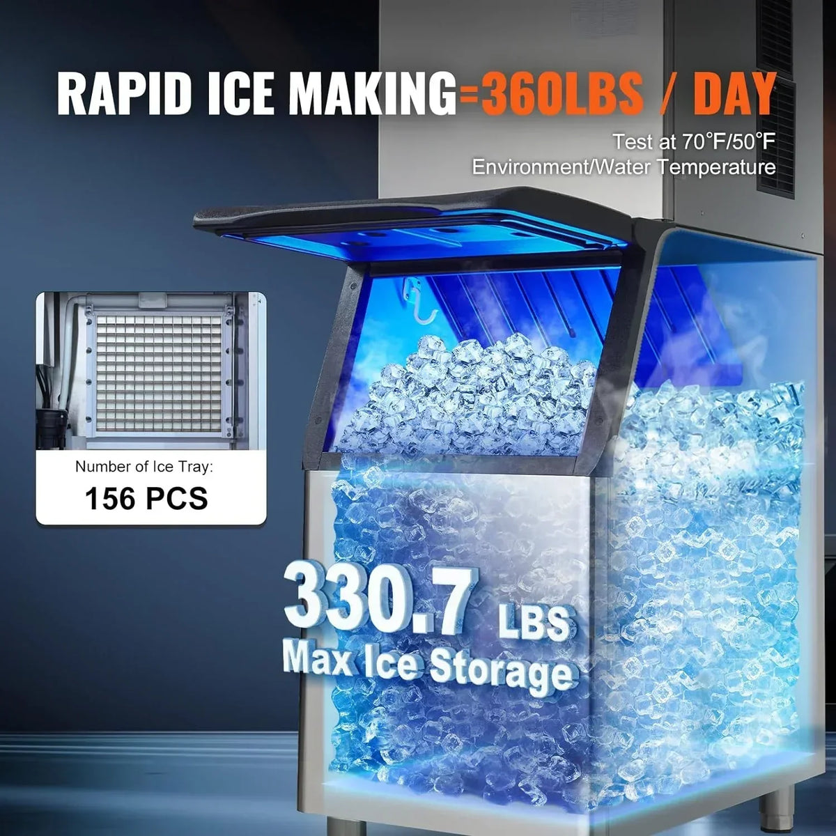 VEVOR Commercial Ice Maker 360 lbs/24h With 330.7 lbs Storage Bin