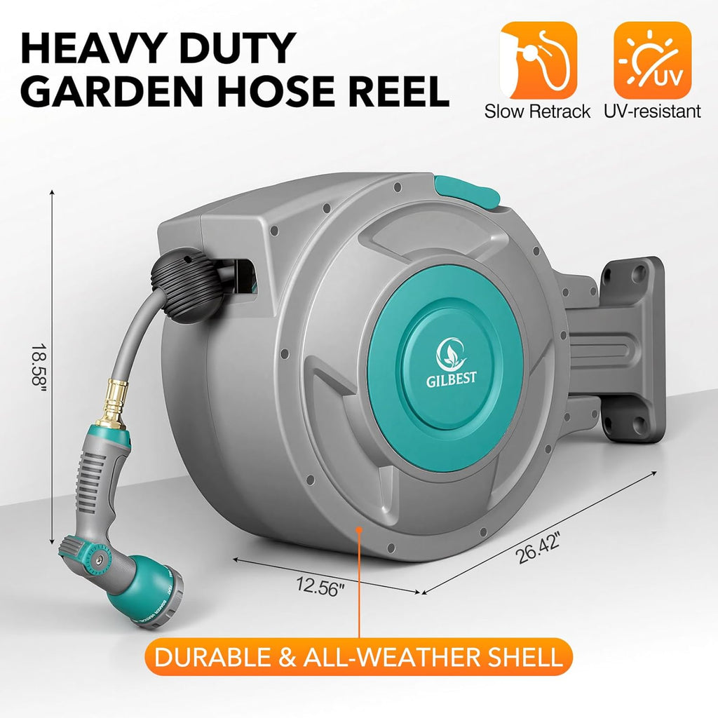 GILBEST Retractable Garden Hose Reel, 100 ft x 5/8 in, Green, 10-Function Nozzle