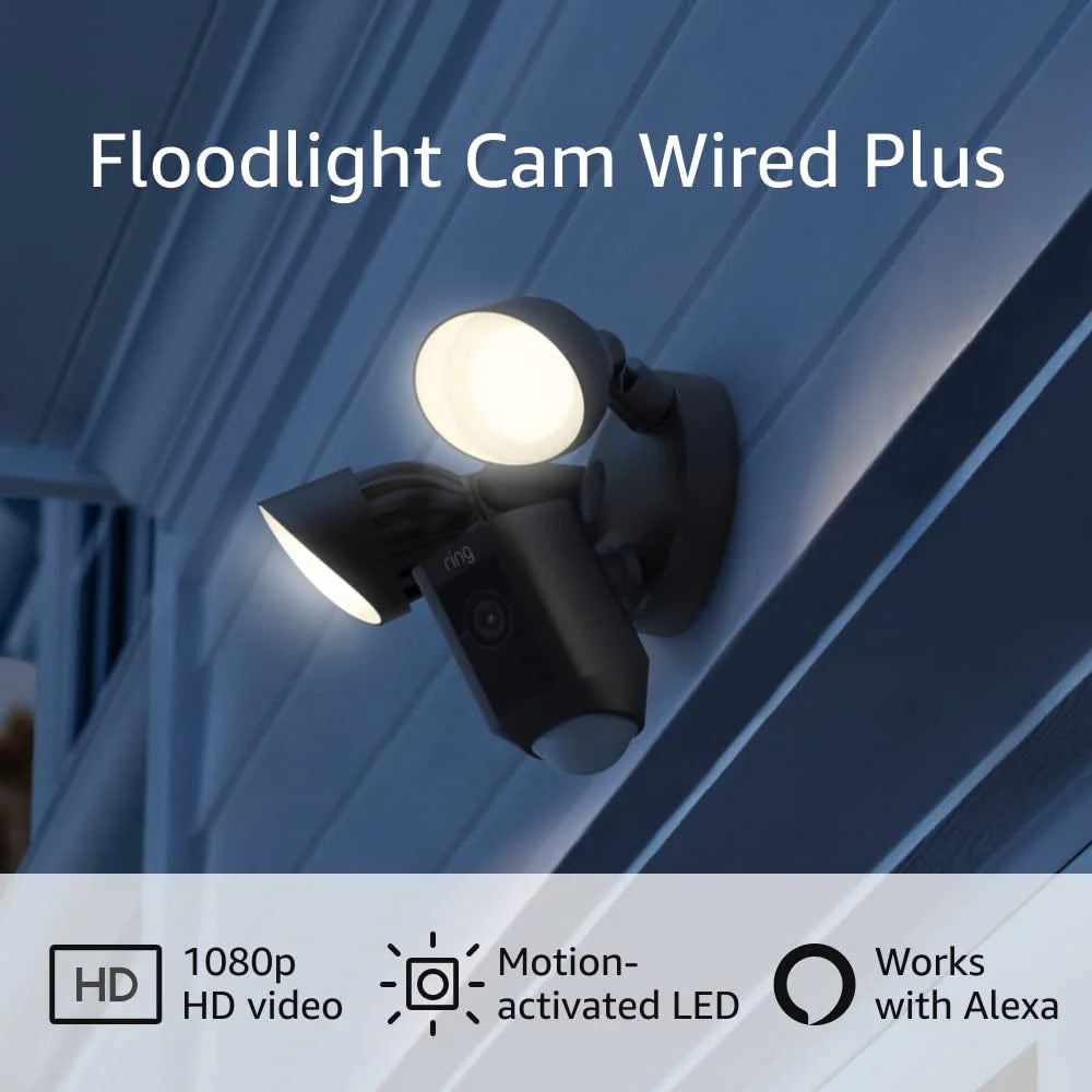 Ring Floodlight Cam Wired Plus Security Camera With Motion-Activated 1080p HD Video, Black - 2021 Release
