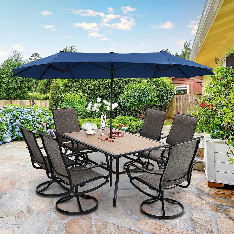Patio Dining Set With Umbrella And 6 Sling Dining Swivel Chairs, 8-Piece - 60 x 37.4 x 28 Inches