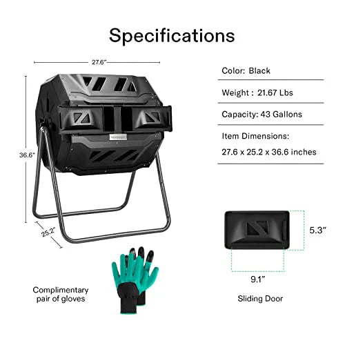 VIVOSUN Outdoor Dual Rotating Batch Compost Bin, 43 Gallon, Black Door