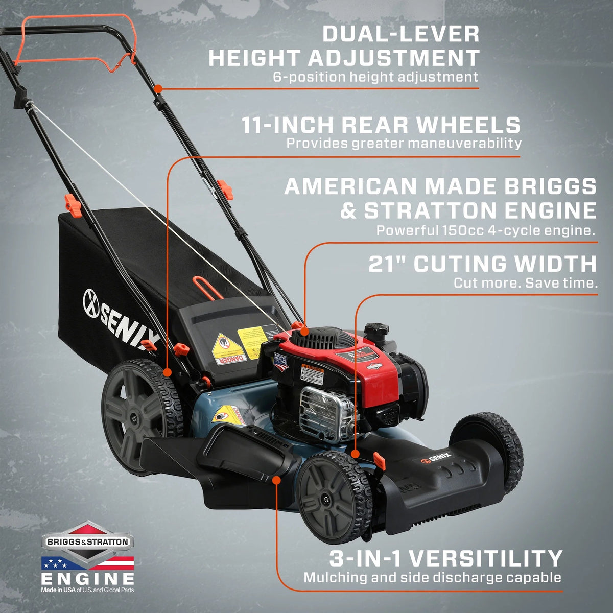 SENIX Self-Propelled Gas Lawn Mower, 21-Inch, 150 cc, 3-In-1, Blue - LSSG-M1