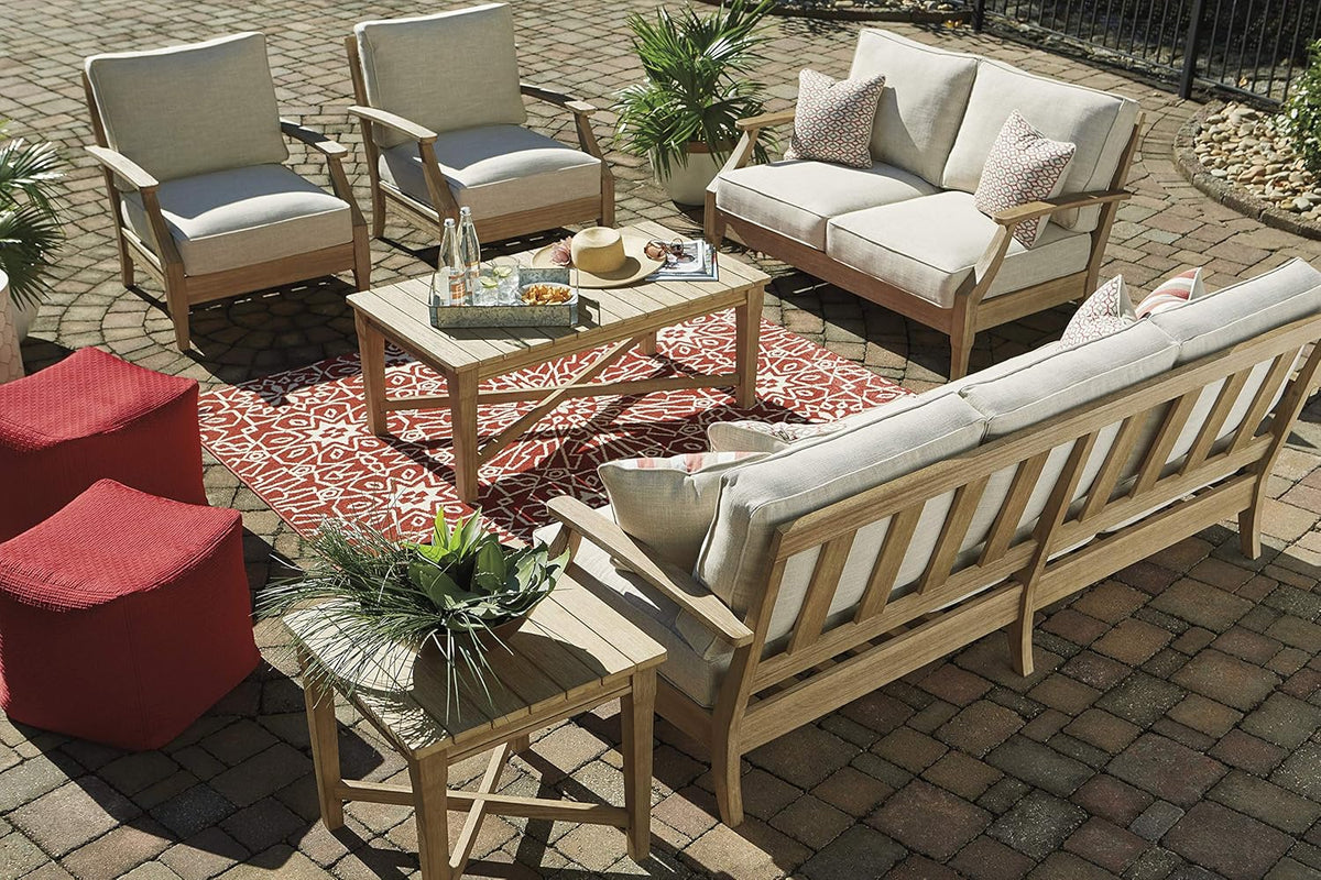 Signature Design by Ashley Clare View Outdoor Patio Eucalyptus Sofa With Cushions, Beige