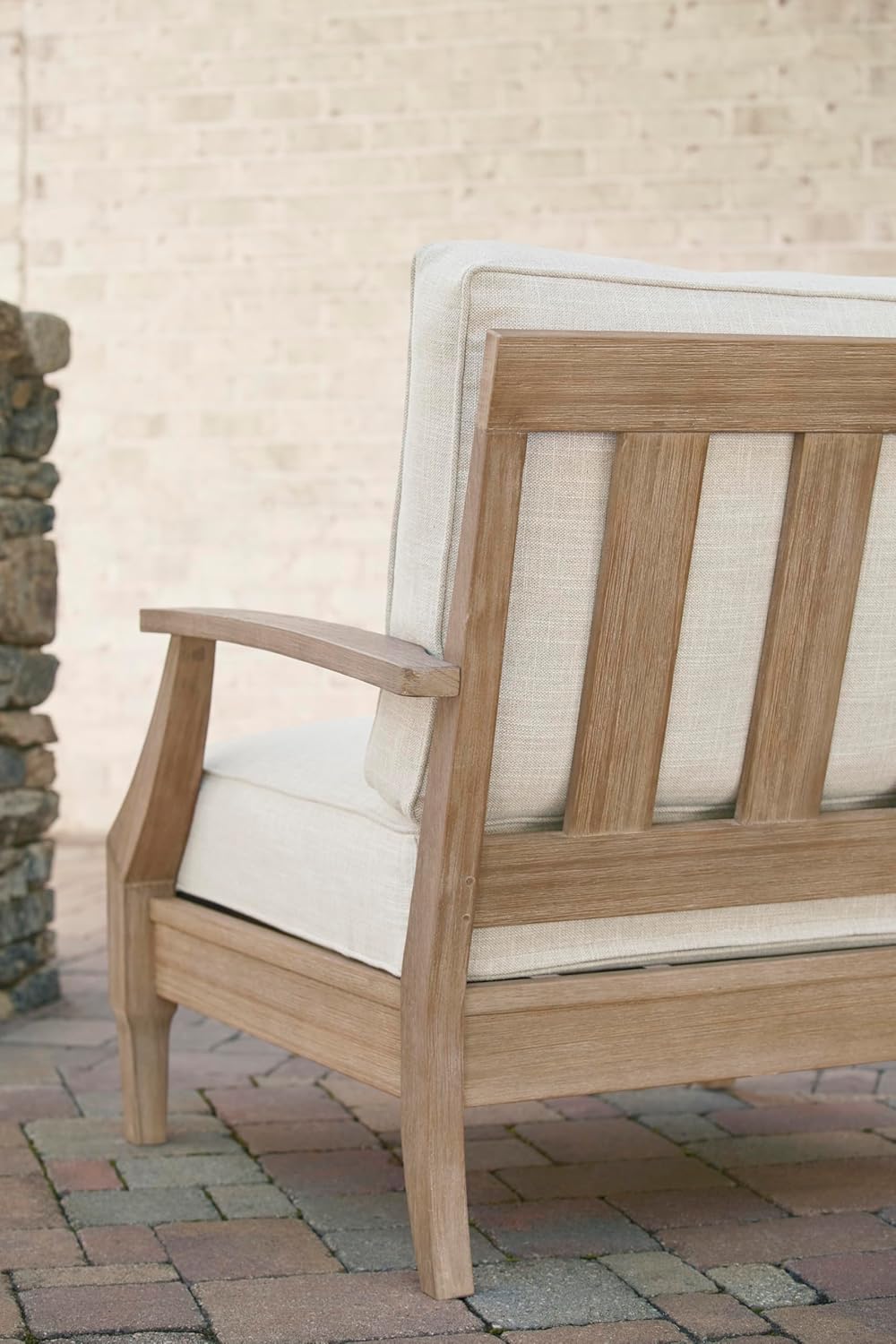 Signature Design by Ashley Clare View Outdoor Patio Eucalyptus Sofa With Cushions, Beige
