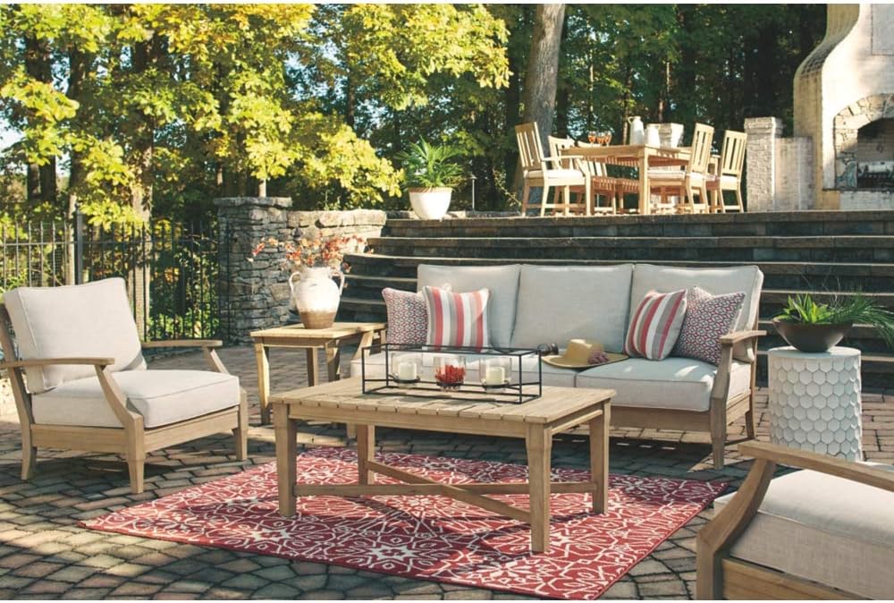 Signature Design by Ashley Clare View Outdoor Patio Eucalyptus Sofa With Cushions, Beige