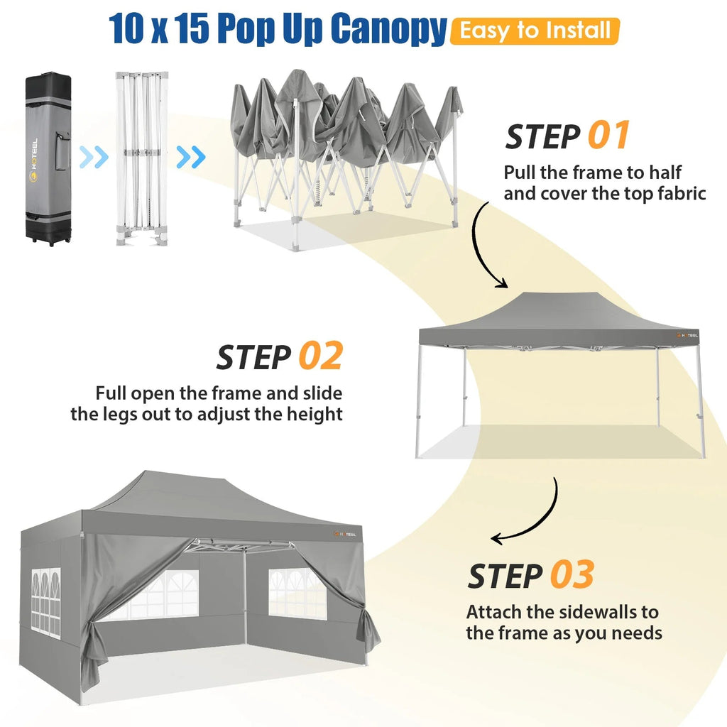 HOTEEL Heavy Duty Pop-Up Canopy Tent 10x15, 4 Sidewalls, Black