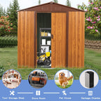 Outdoor Metal Storage Shed 6.36 x 5.7ft With Floor Frame, Sliding Doors, Brown & Wood Grain, No Window