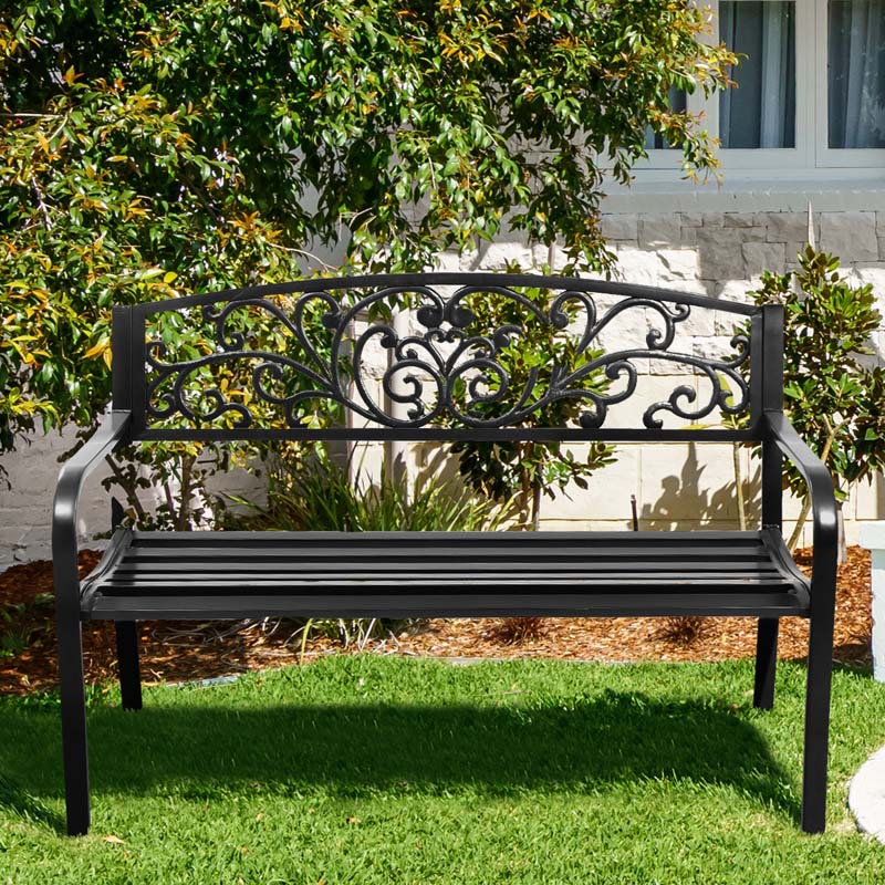 Outdoor Patio Bench With Cast Iron Backrest And Steel Frame, 50 x 23 1/2 x 33 1/2 in