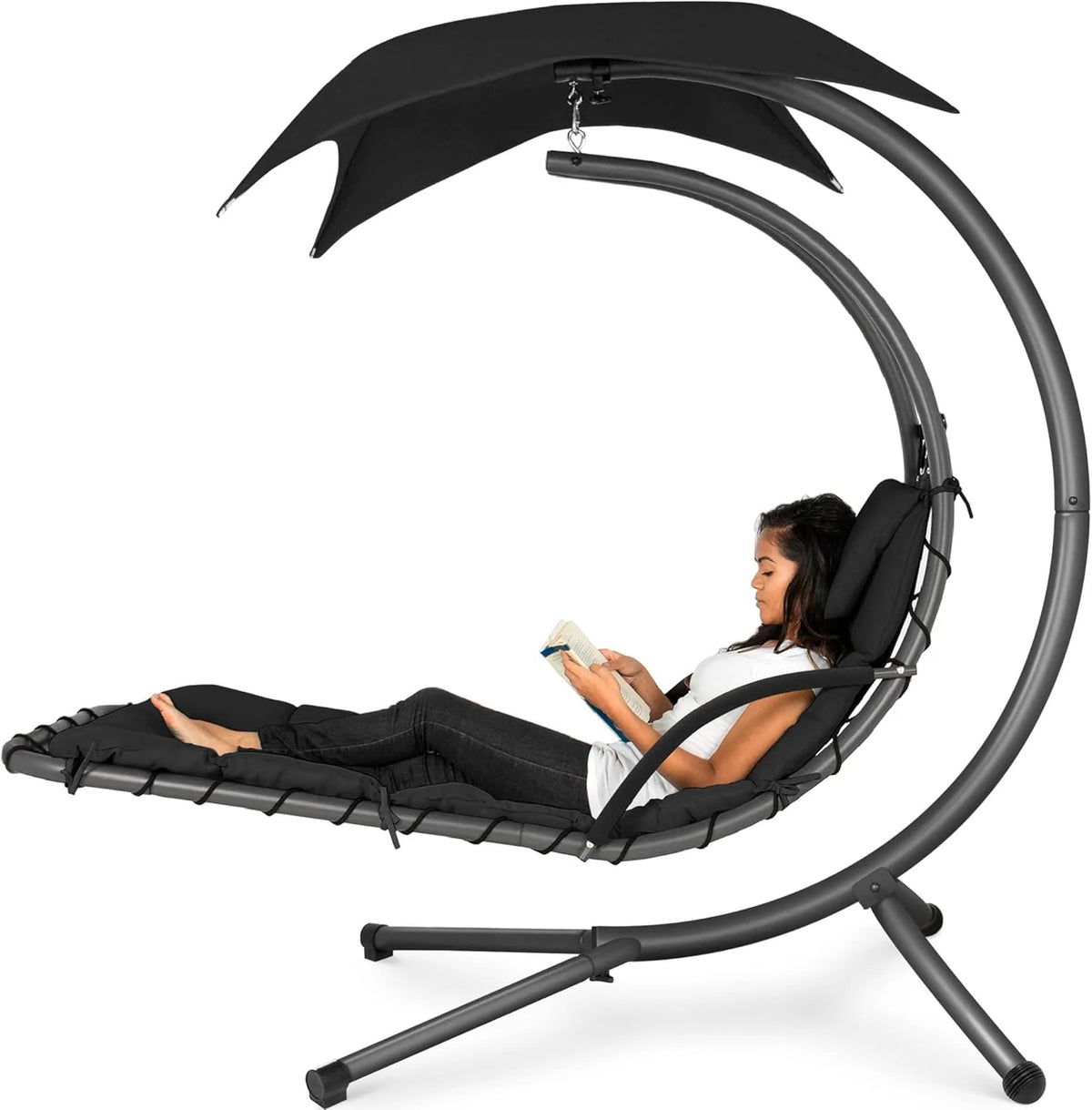 Best Choice Products Outdoor Hanging Steel Chaise Lounge Chair With Canopy, Charcoal Gray - SKY5871