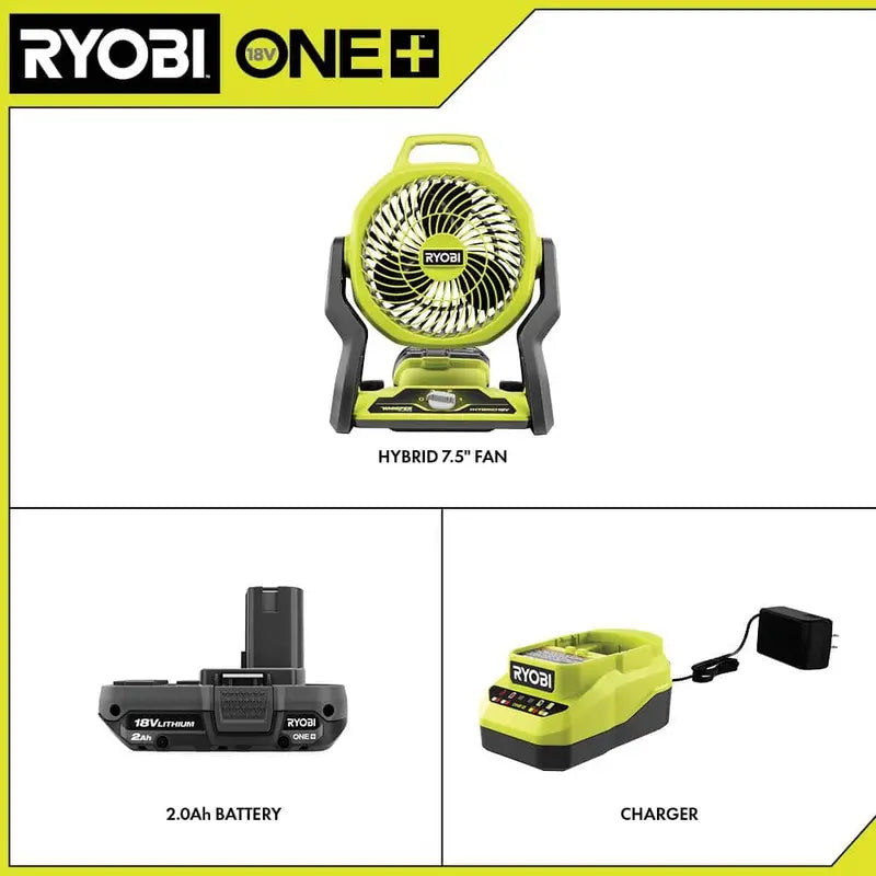 RYOBI ONE+ 18V Cordless Hybrid Whisper Series 7-1/2 in Fan Kit With 2.0 Ah Battery And Charger - PCL811KN