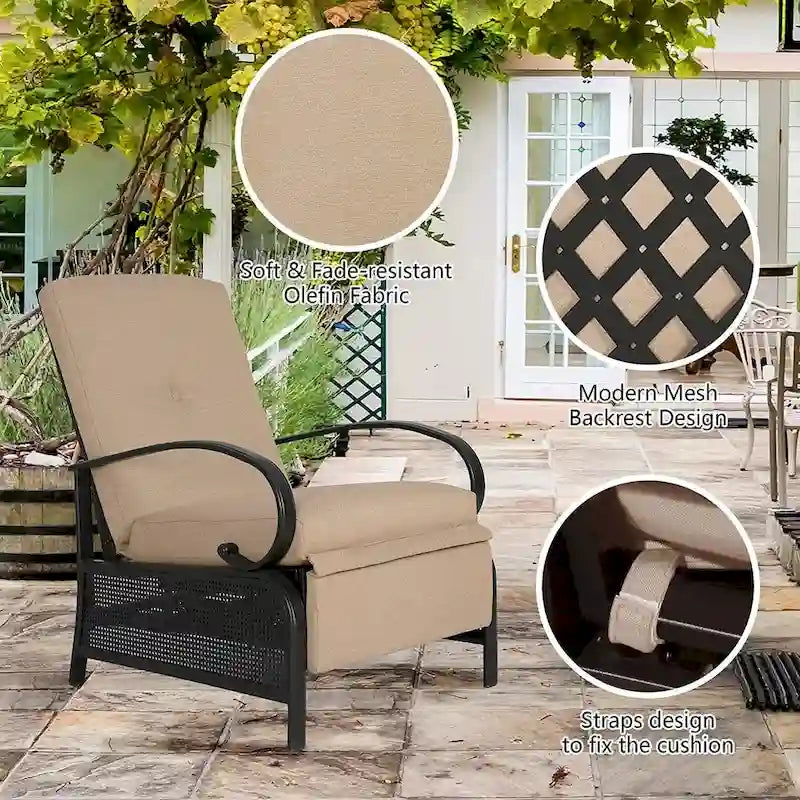 Adjustable Patio Recliner Lounge Chair With Cushion, 300 lbs - 38 (D) x 26.5 (W) x 38.5 (H) Inches