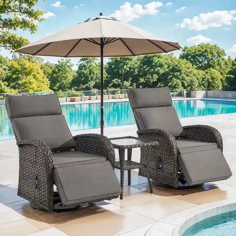 Pocassy 3-Piece Outdoor Recliner Set With Side Tables And Grey Cushions