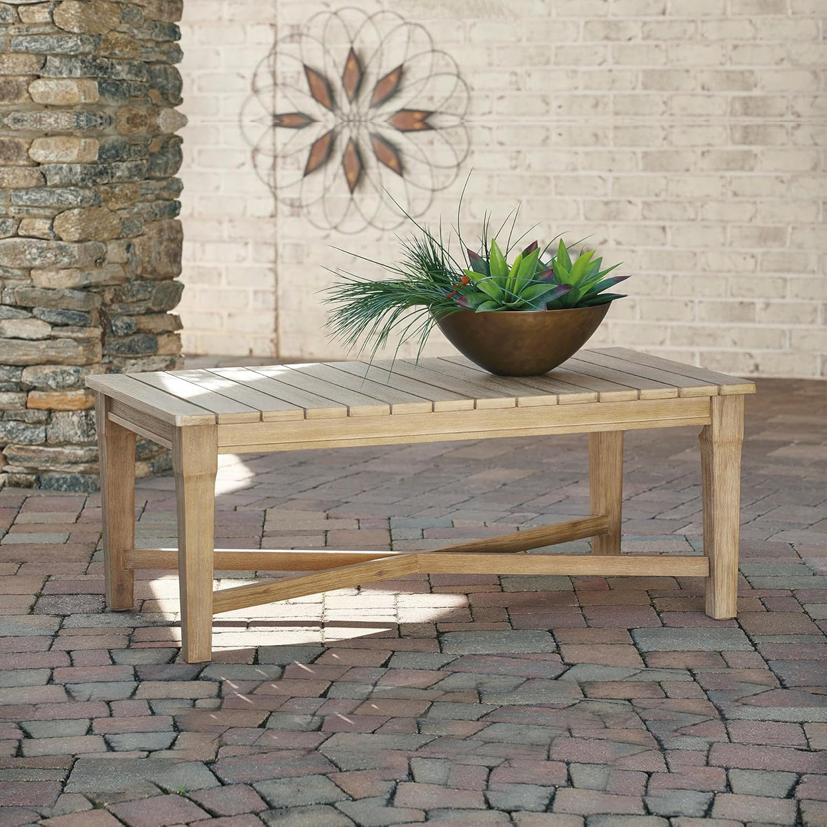 Signature Design by Ashley Clare View Outdoor Patio Eucalyptus Sofa With Cushions, Beige