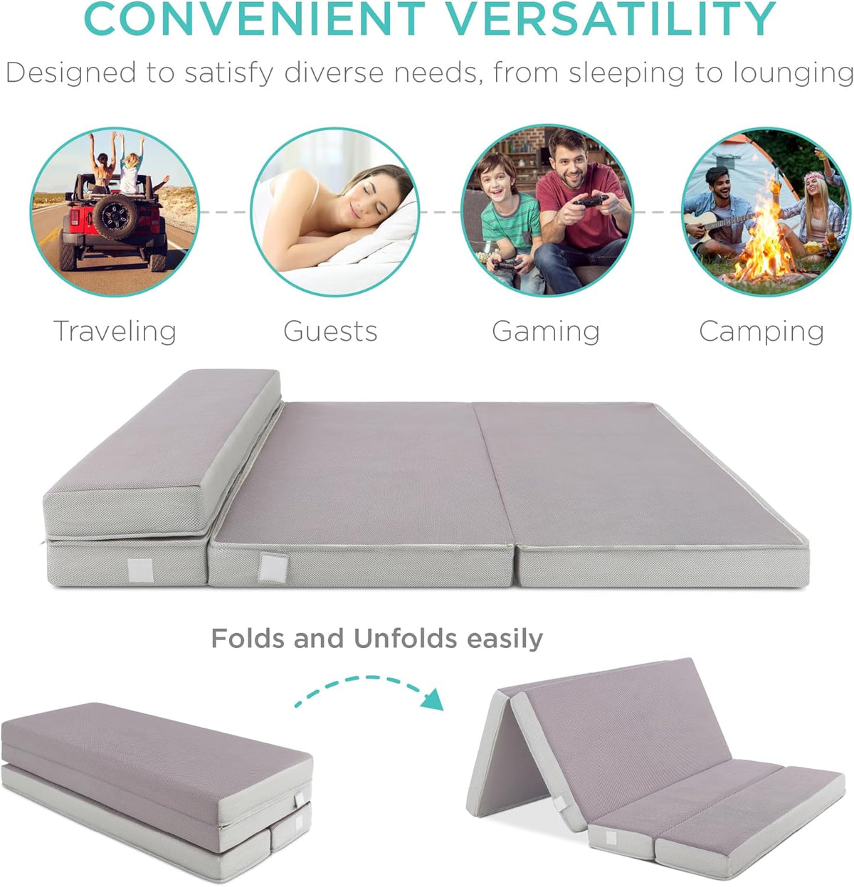 Best Choice Products Queen-Size 4in Tri-Fold Foam Mattress With Carry Case - Grey